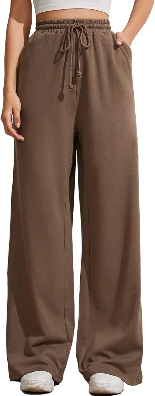 Wide Leg Sweatpants for Women Elastic High Waisted Drawstring Loose Pants with Pockets